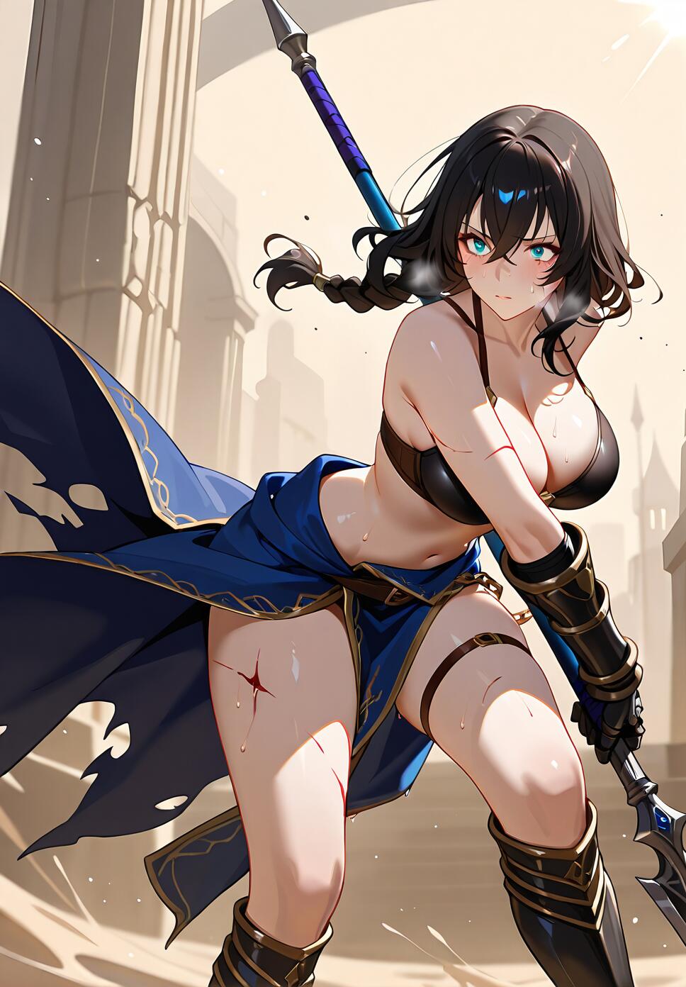 A battle-scarred female gladiator standing in a dusty arena, holding a bloodstained spear, wearing bronze armor and chains, with sweat and sand on her skin.