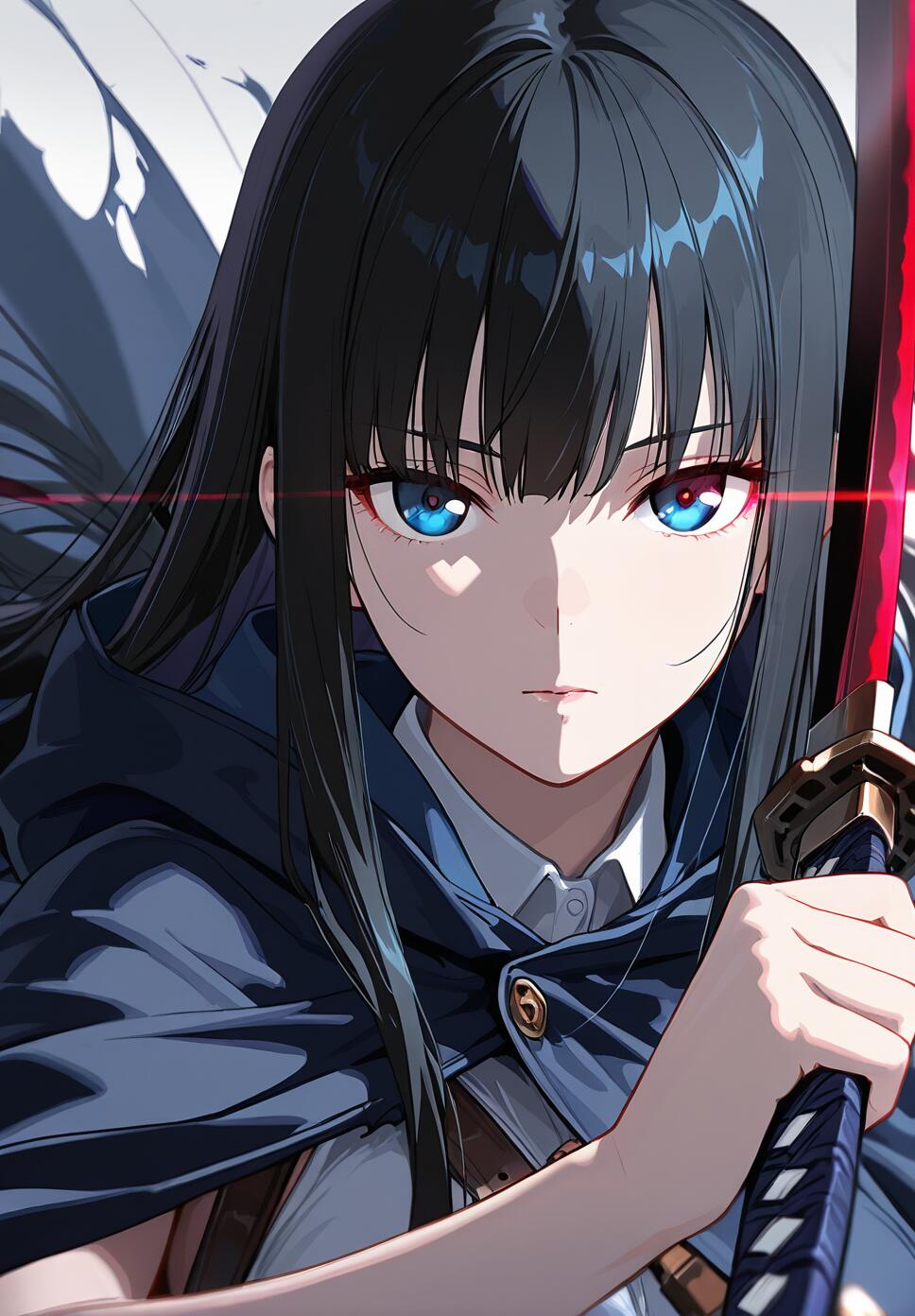 A girl with straight black hair wearing a torn hooded cloak, holding a katana horizontally in front of her eyes with a visible reflection on the blade.