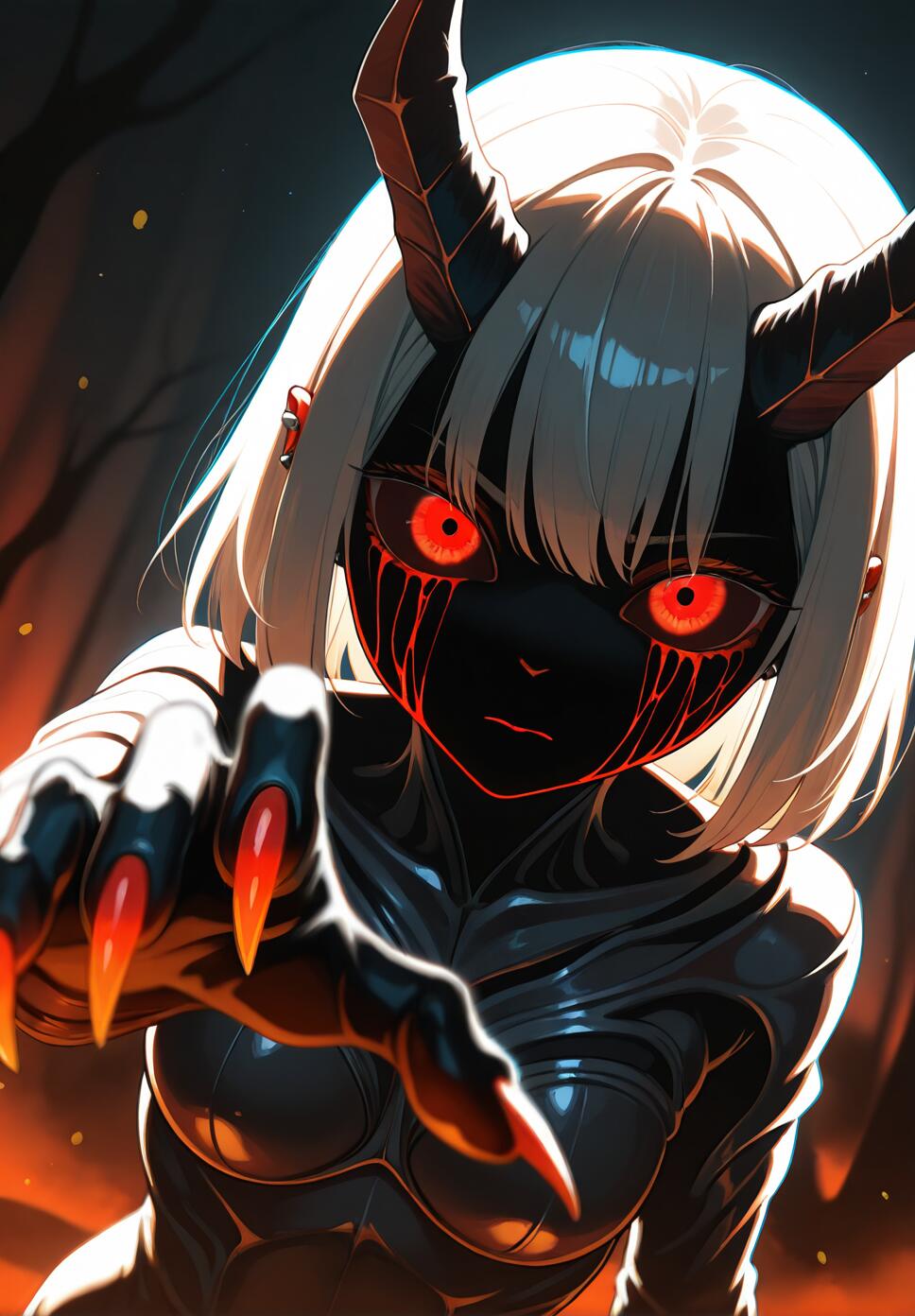 A close-up, Dutch angle shot of a two-faced woman; the left side of her face is young and beautiful, while the right side is old and monstrous, featuring a clawed hand reaching toward the camera against a dark, atmospheric background.