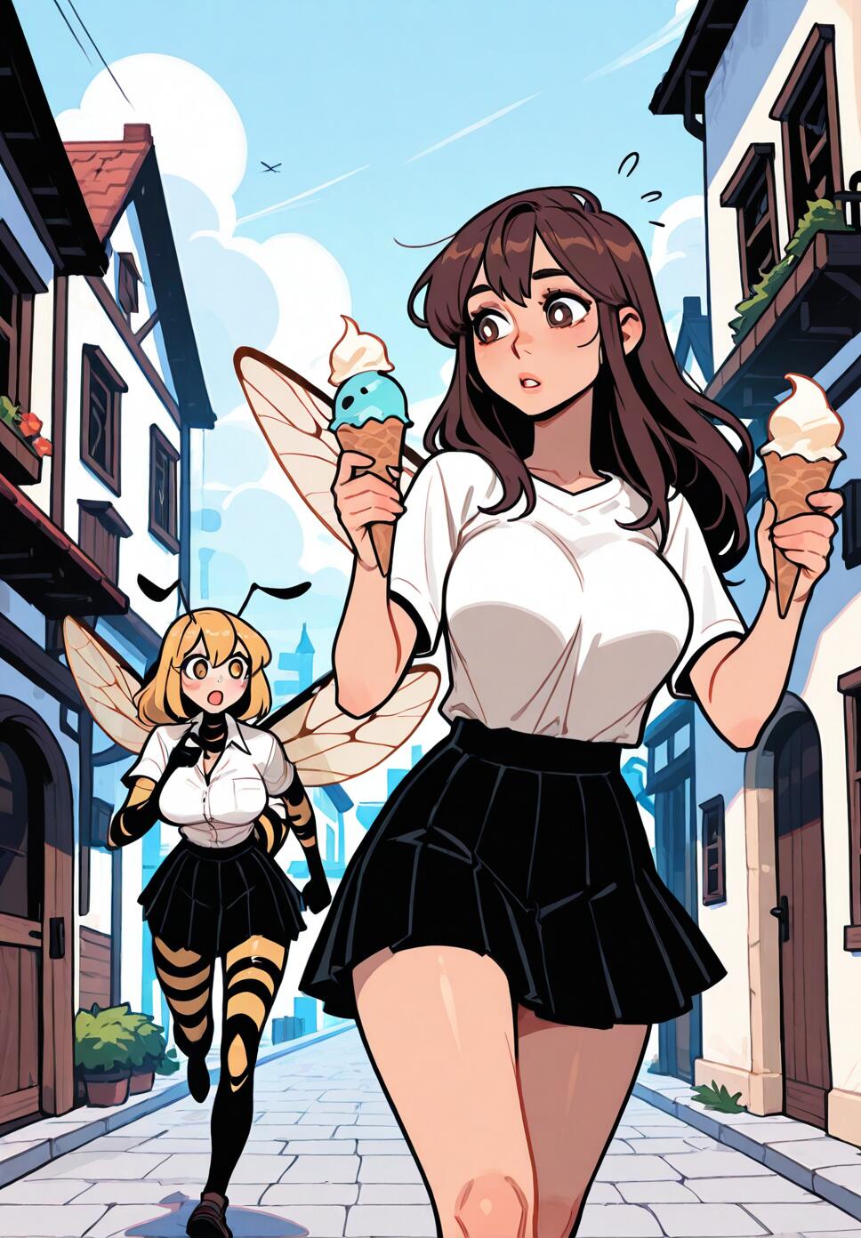 A stressed woman with brown hair running away with an ice cream cone, being pursued by a blonde wasp-winged girl in a sunny old town cafe.