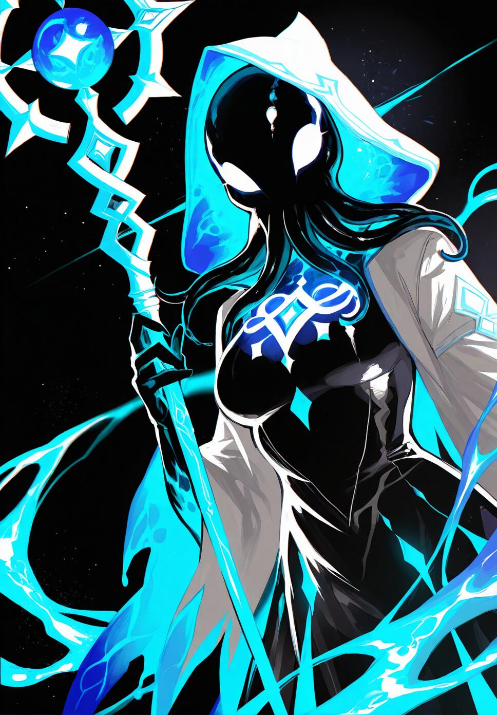 A portrait of an octopus girl monster girl in a hooded robe holding a staff and casting water magic with iridescent light effects.