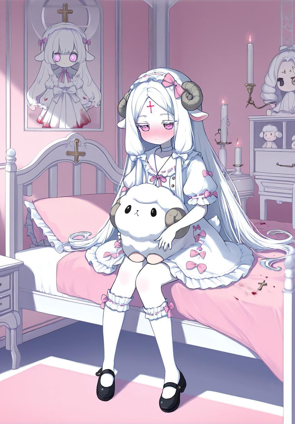 A pale sheep girl with white lamb ears and pink cross-shaped pupils, wearing a bloodstained white puffy dress with pink bows, sitting in a white and pink bedroom filled with religious ornaments and plush toys.