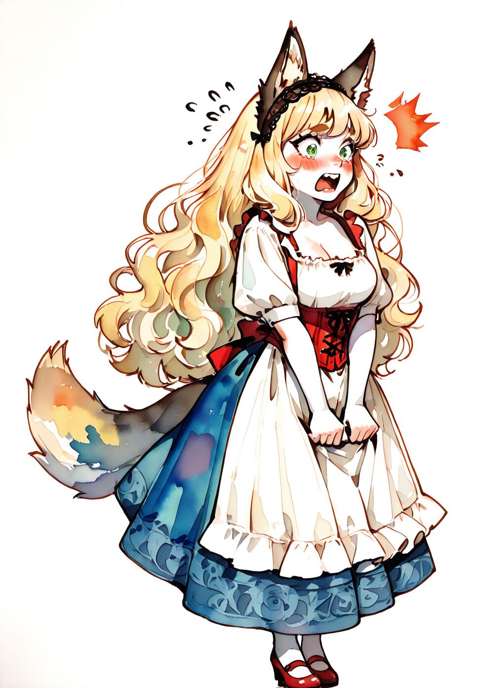 A detailed watercolor illustration of a furious blonde Victorian girl in a red corset and blue skirt yelling at a scared wolf at her feet.