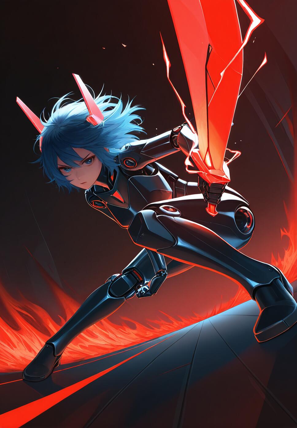 A high-detail depiction of a blue-haired mecha musume in red and black armor holding a sword with elemental fire, ice, and electricity effects.