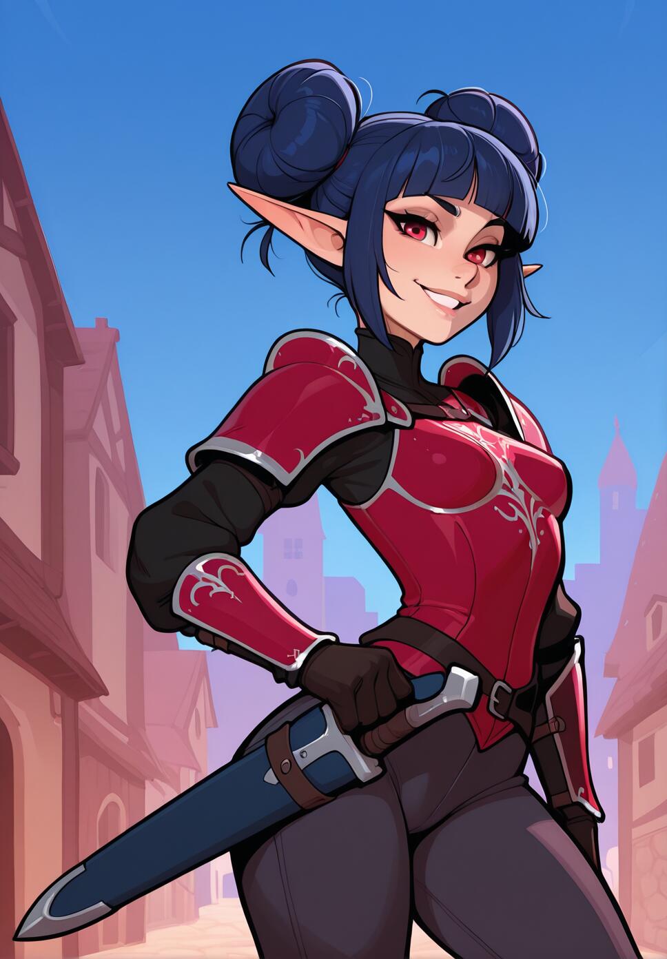 A female elf rogue with dark blue hair in double buns, piercing red eyes, and a sassy expression, wearing sleek black assassin armor in a medieval city setting.