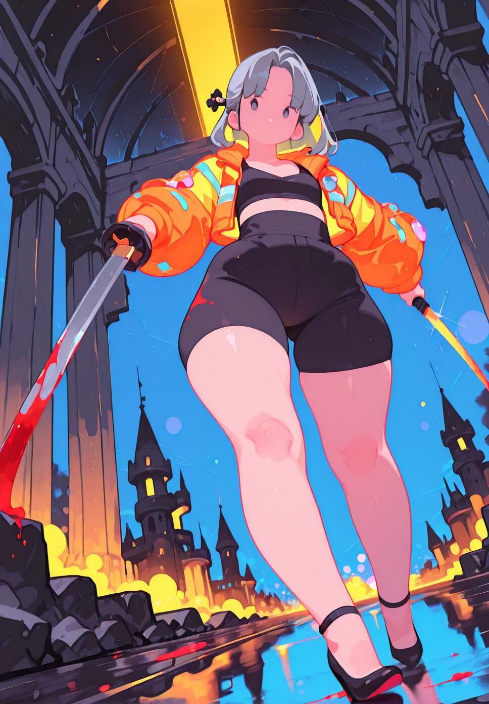An emotionless woman with long grey hair, wearing a yellow hazard jacket and black spats, holding a blood-stained katana in a neon-lit abandoned castle.