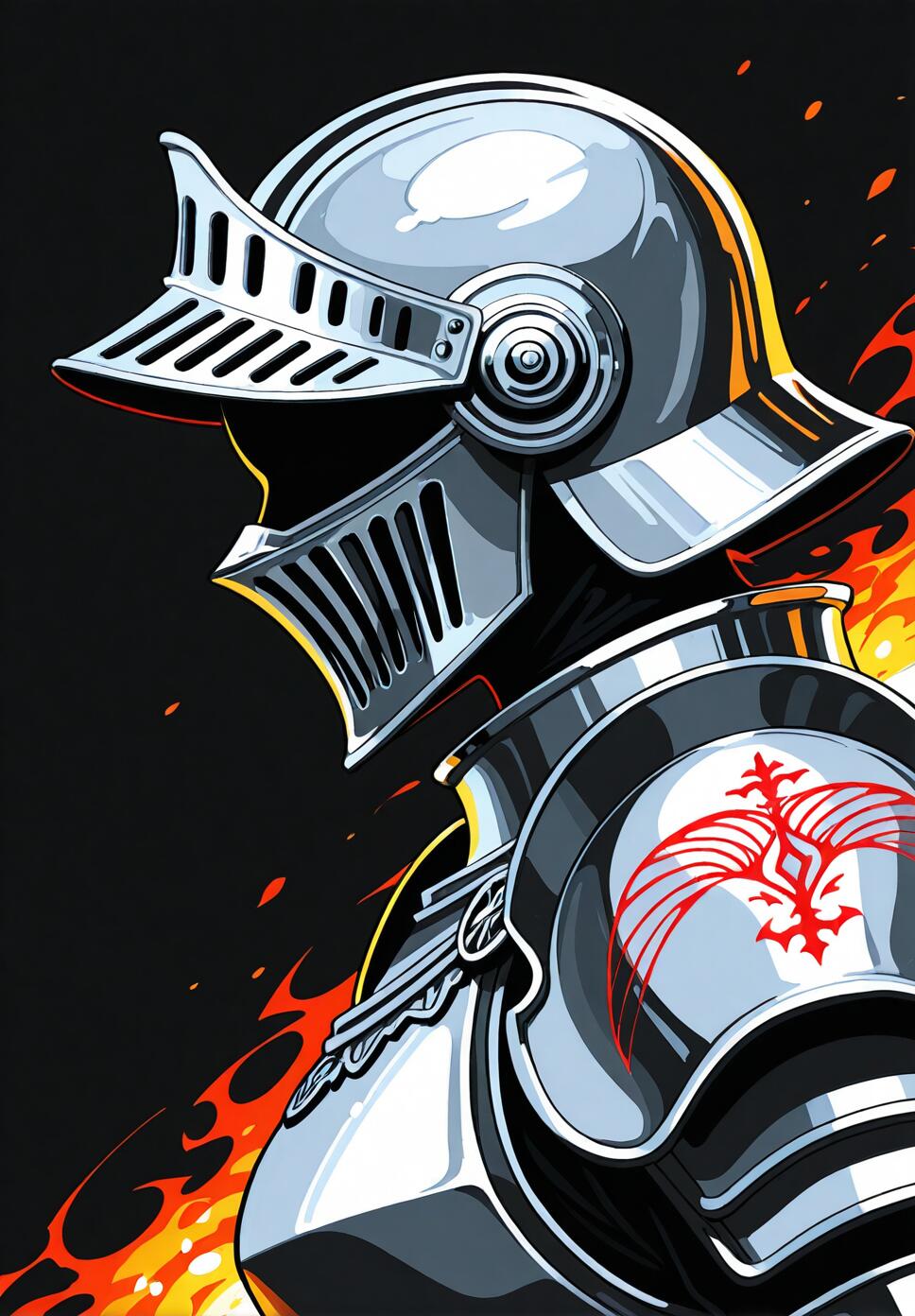 A close-up side profile of a knight in polished black and red medieval armor with glowing embers in a dark, cinematic setting.
