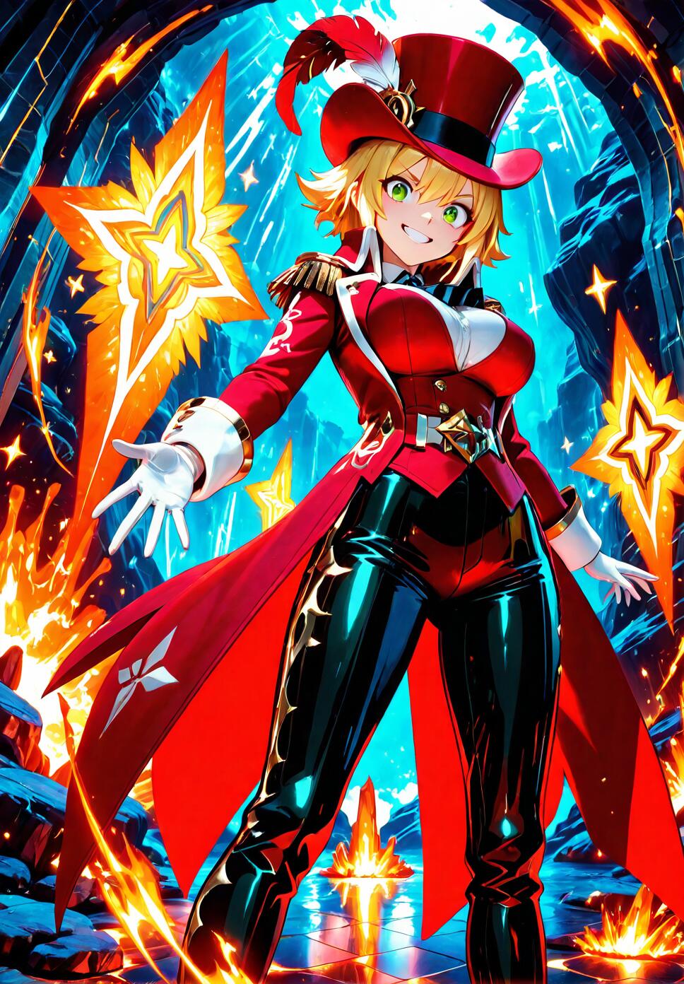 An excited blonde anime ringmaster wearing a crimson and gold outfit, standing in a glowing crystal cave with floating luminous shards.