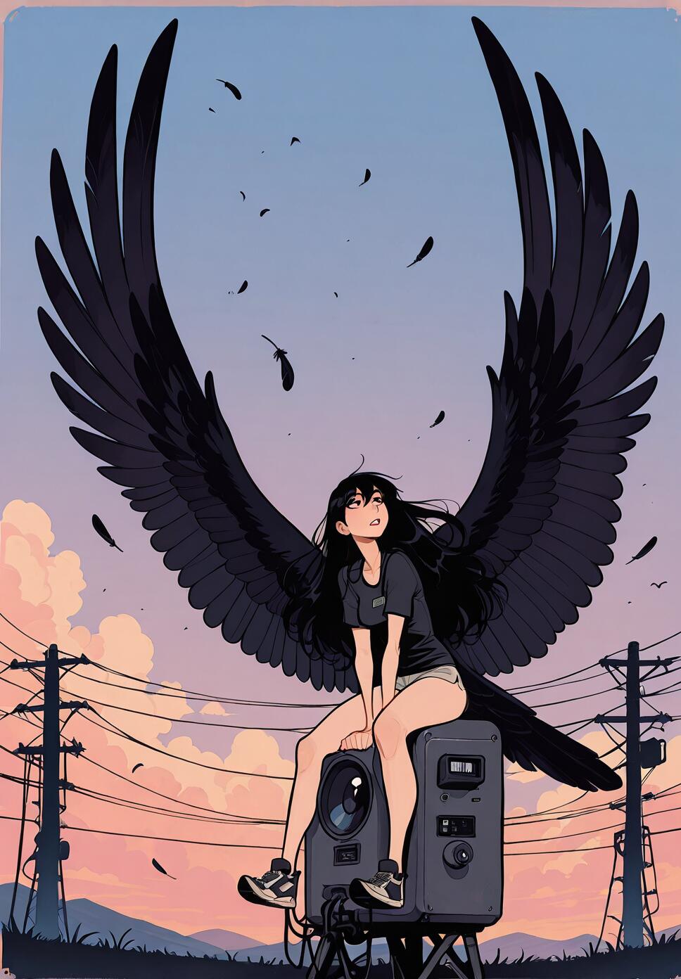 A harpy girl with large black raven wings and long black hair sitting on powerlines under a sky.