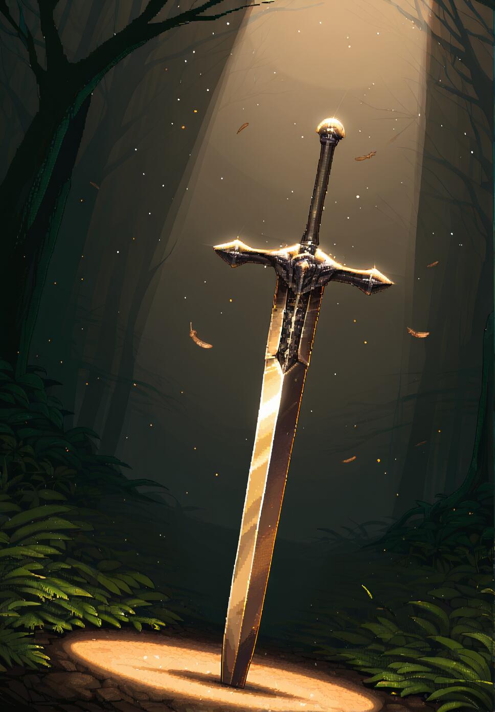 Pixel art sprite of a rusted sword with a skull ornament planted in a forest, featuring light particles and a dramatic spotlight.