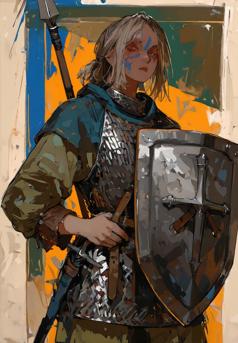 A detailed portrait of a female warrior in chainmail holding a spear and square shield.
