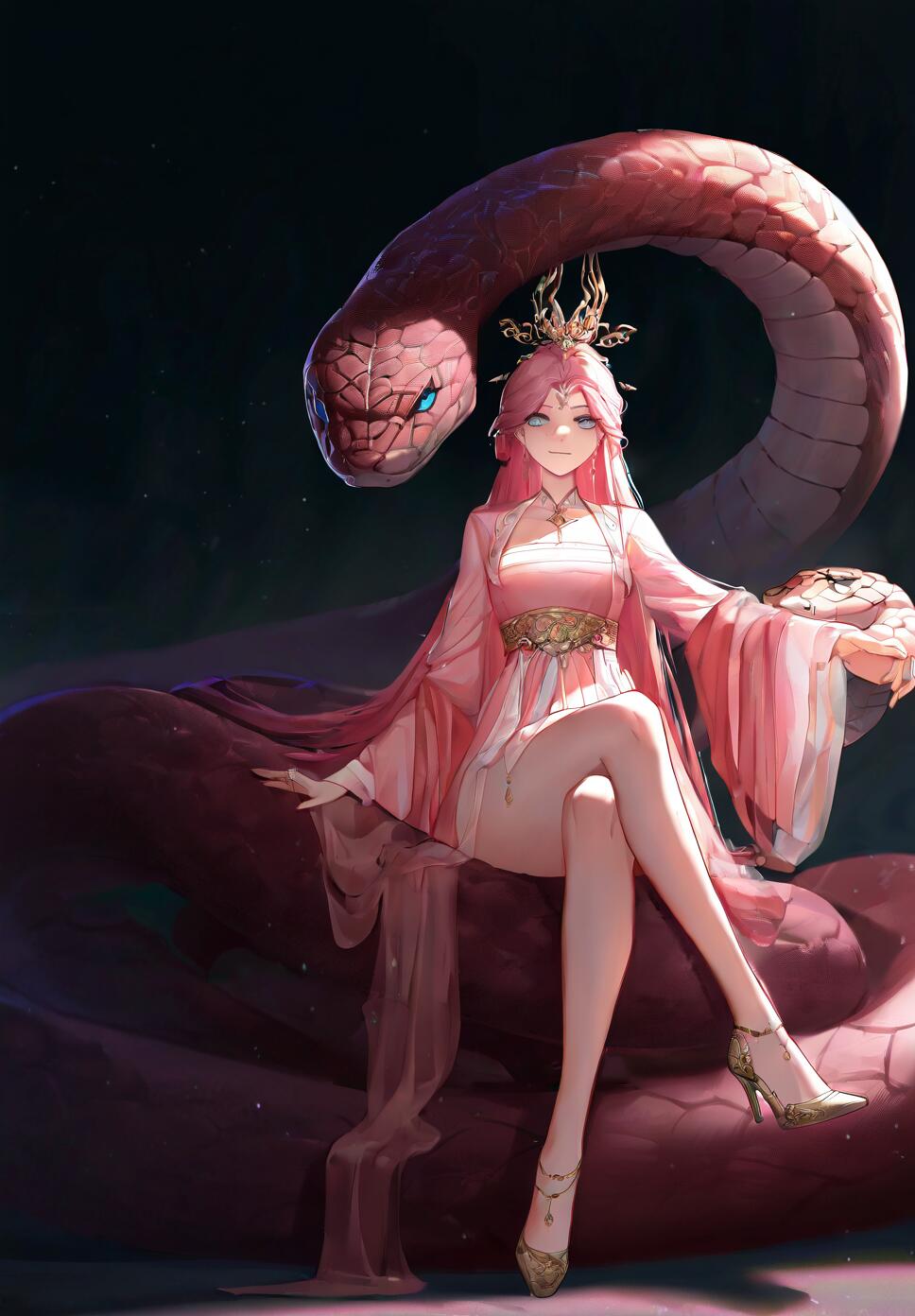 A woman with pink hair and blue eyes in a delicate hanfu petting a giant snake.