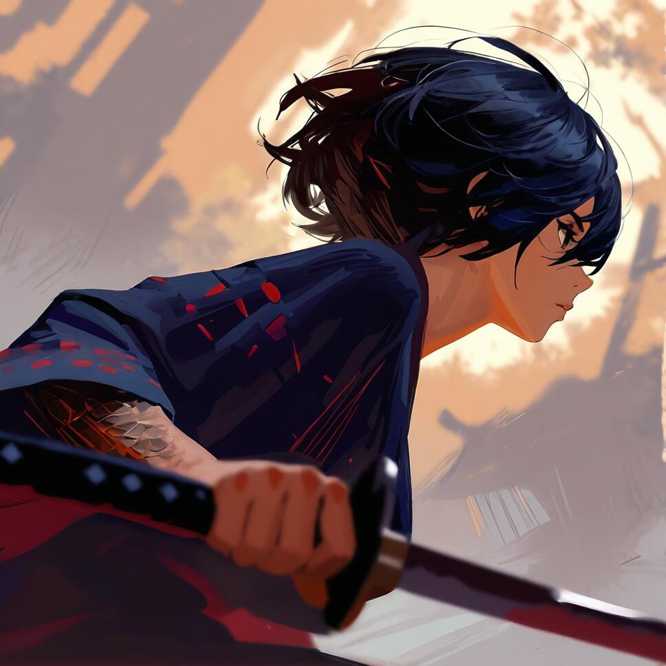 Painterly illustration of an expressionless girl with short hair holding a katana in a dynamic pose.