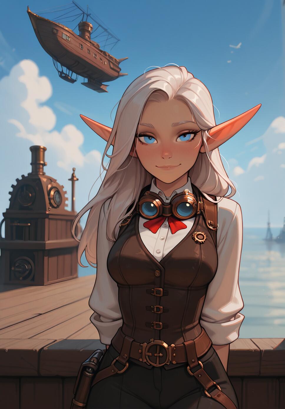 A silver-haired elf female skyship captain wearing a black vest and goggles, standing on the deck of a steampunk mechanical airship amidst the clouds.