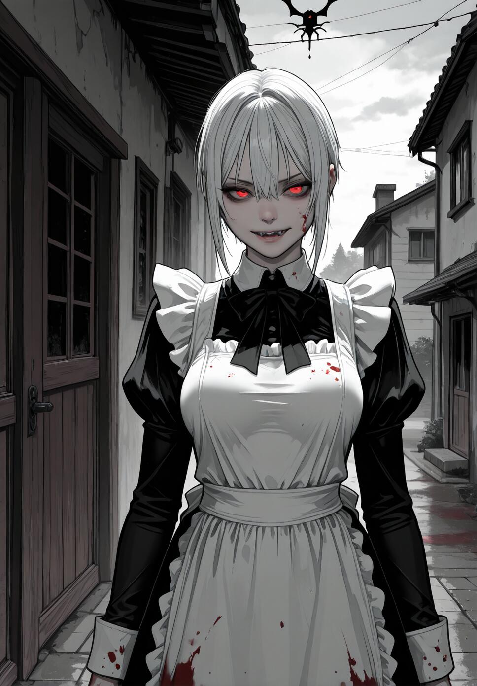 A creepy girl with white hair and red eyes wearing a maid outfit with blood on her hands in a dark, foggy setting.