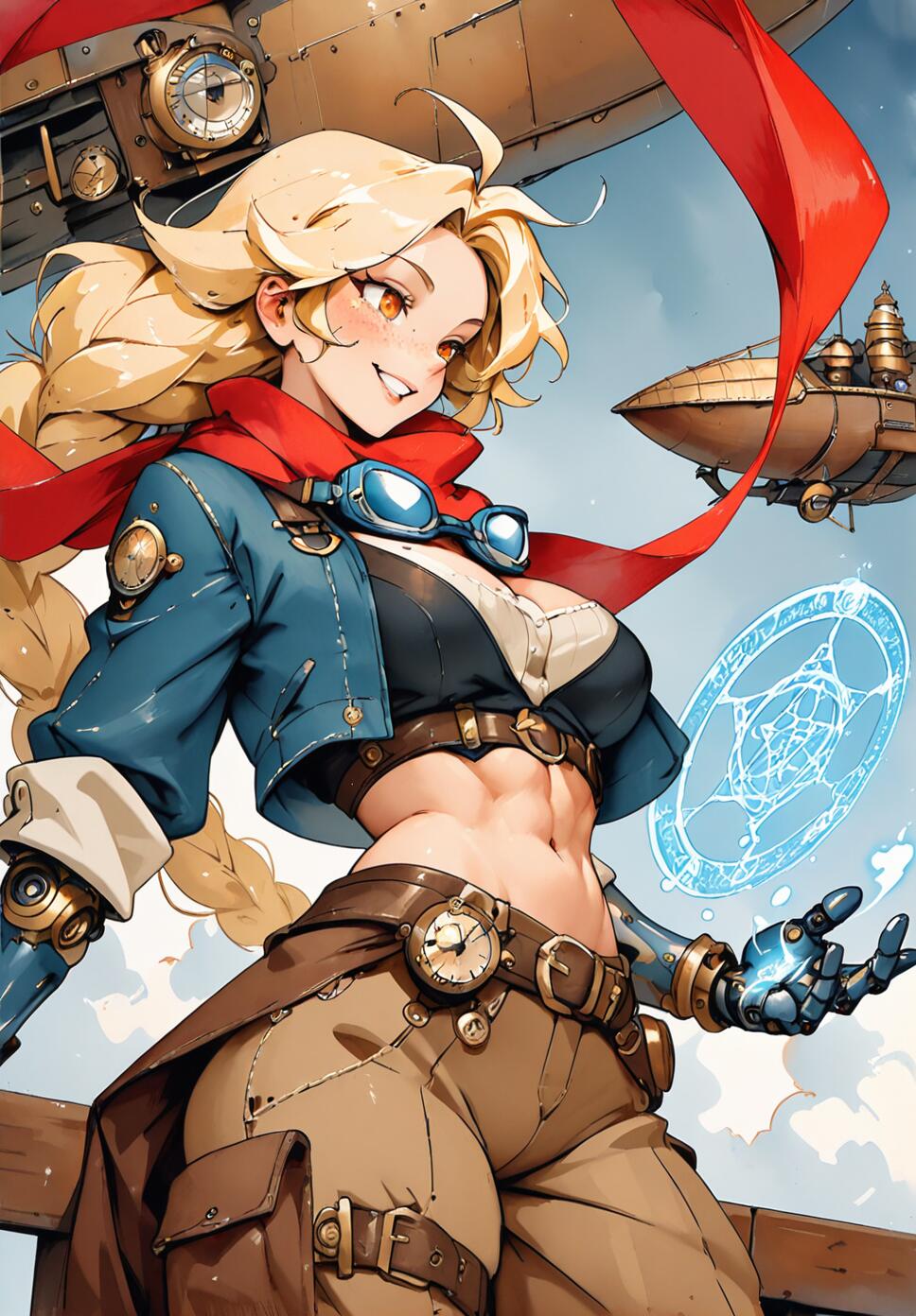 A blonde woman with steampunk mechanical arms casting blue magic on an airship deck among the clouds.