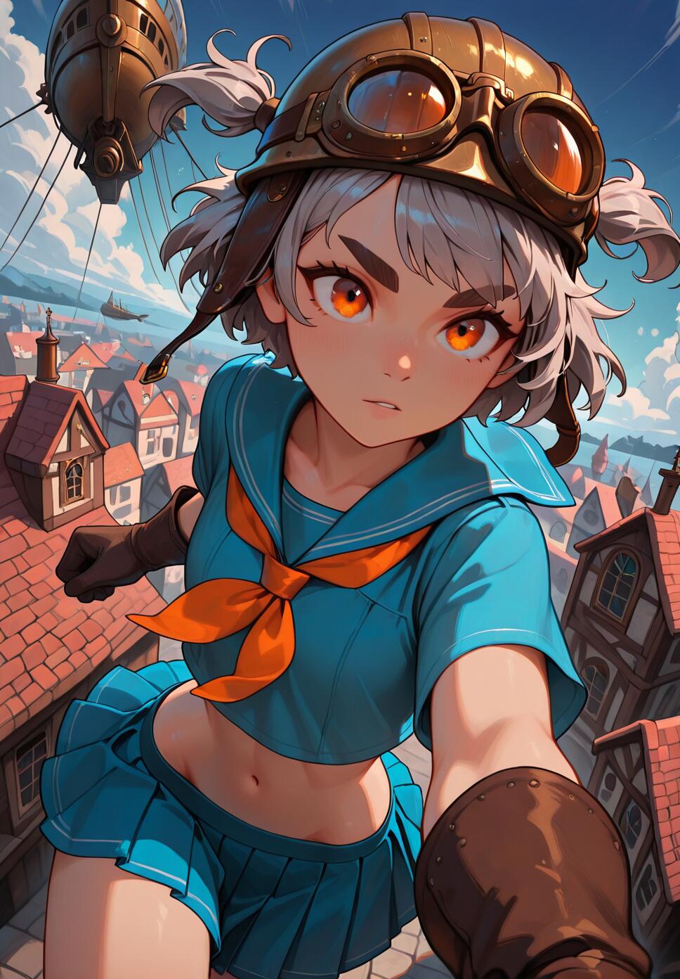 A young female steampunk pilot with short grey hair, orange eyes, and a pilot helmet, wearing a blue sailor outfit in a town with airships.