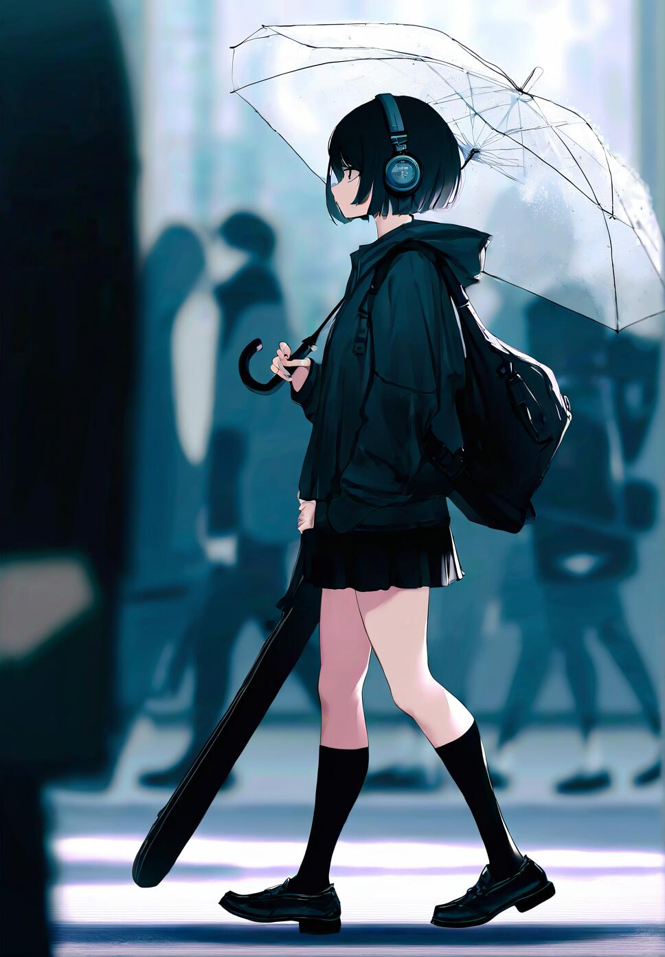 A side view of a girl with short black hair walking while carrying a violin case and holding an umbrella, wearing a hoodie and black knee-high socks.