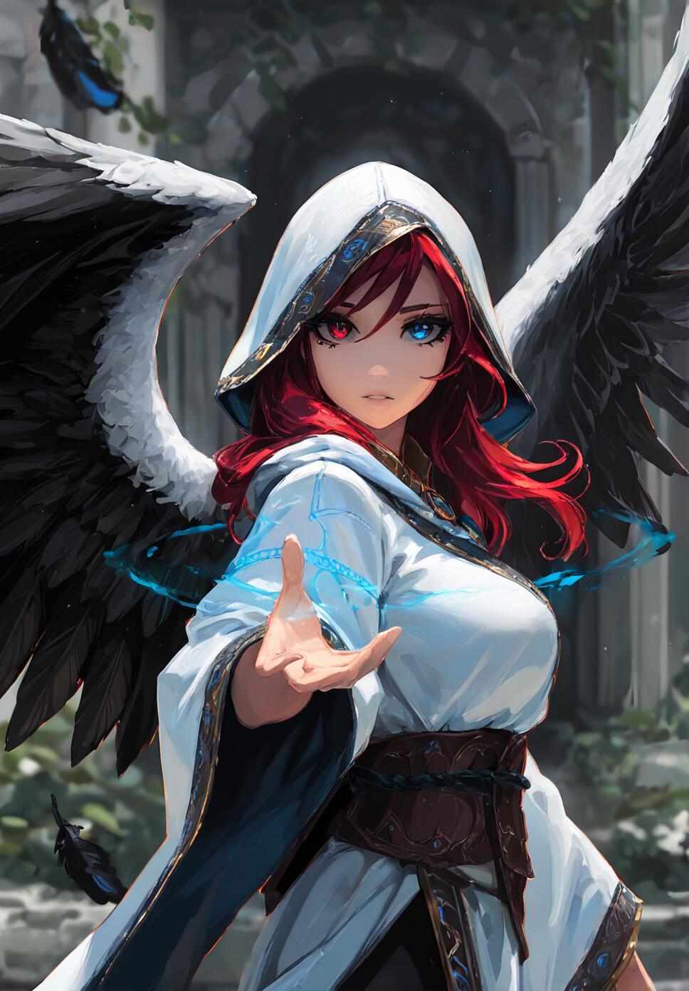 A woman with long red hair, black feathered wings, and heterochromia reaching toward a glowing magic portal in ancient, runic ruins.