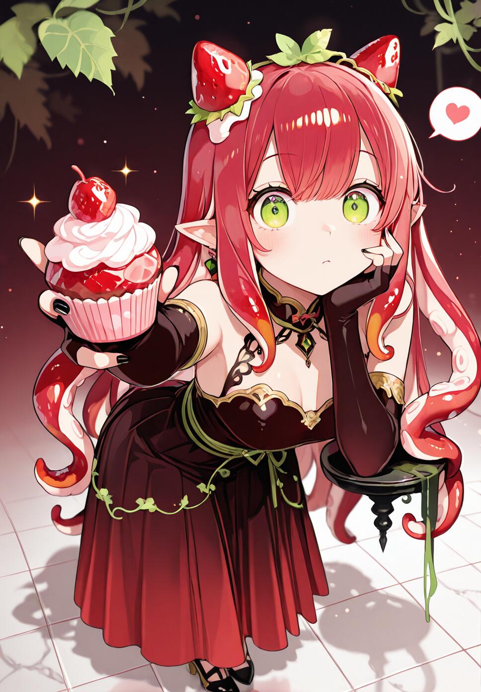 A humanoid girl with red tentacle hair and vivid green eyes, wearing black and red lace clothing and holding a strawberry cupcake.