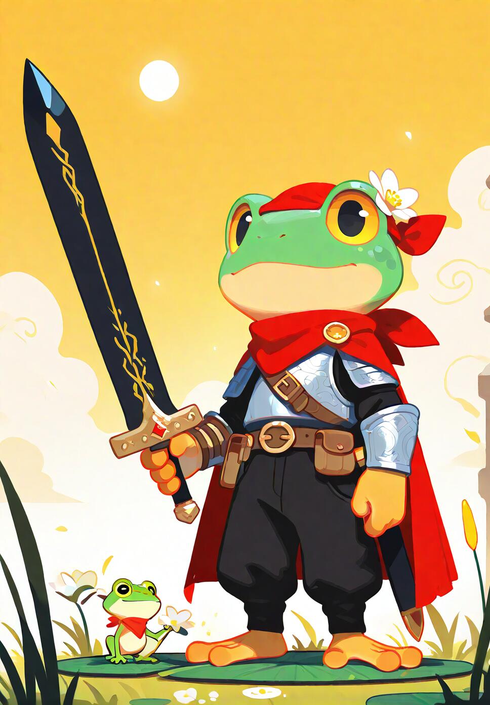 An anthropomorphic frog warrior wearing armor, a red cape, and a red bandana, holding a sword amidst grass and lily pads.