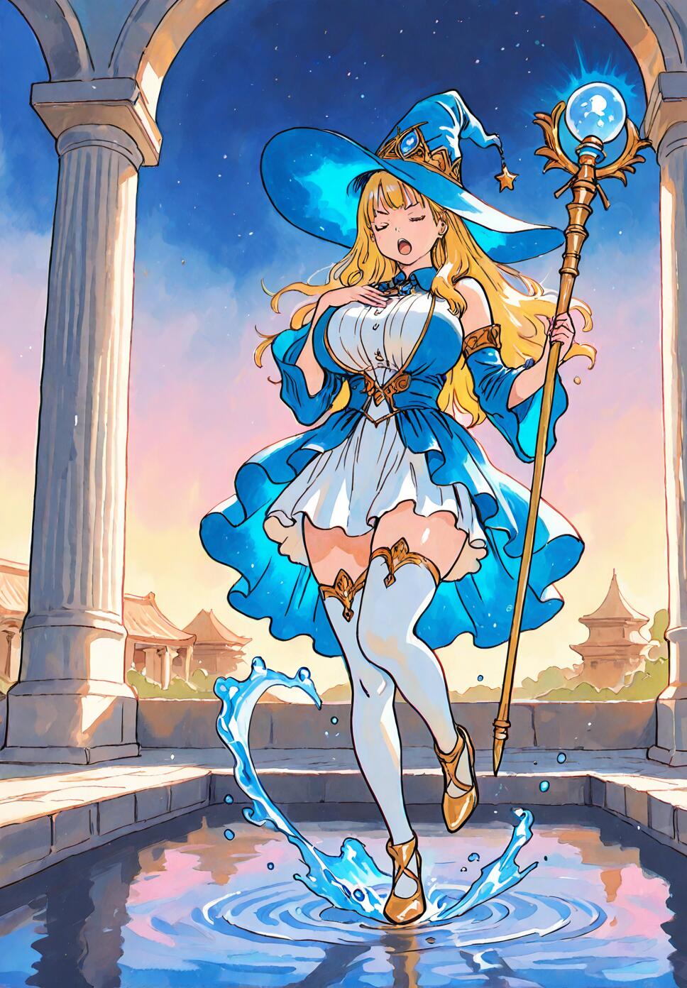 A Water Enchantress wearing a blue witch hat and dress, casting water magic with a staff inside a Greco-Roman temple.