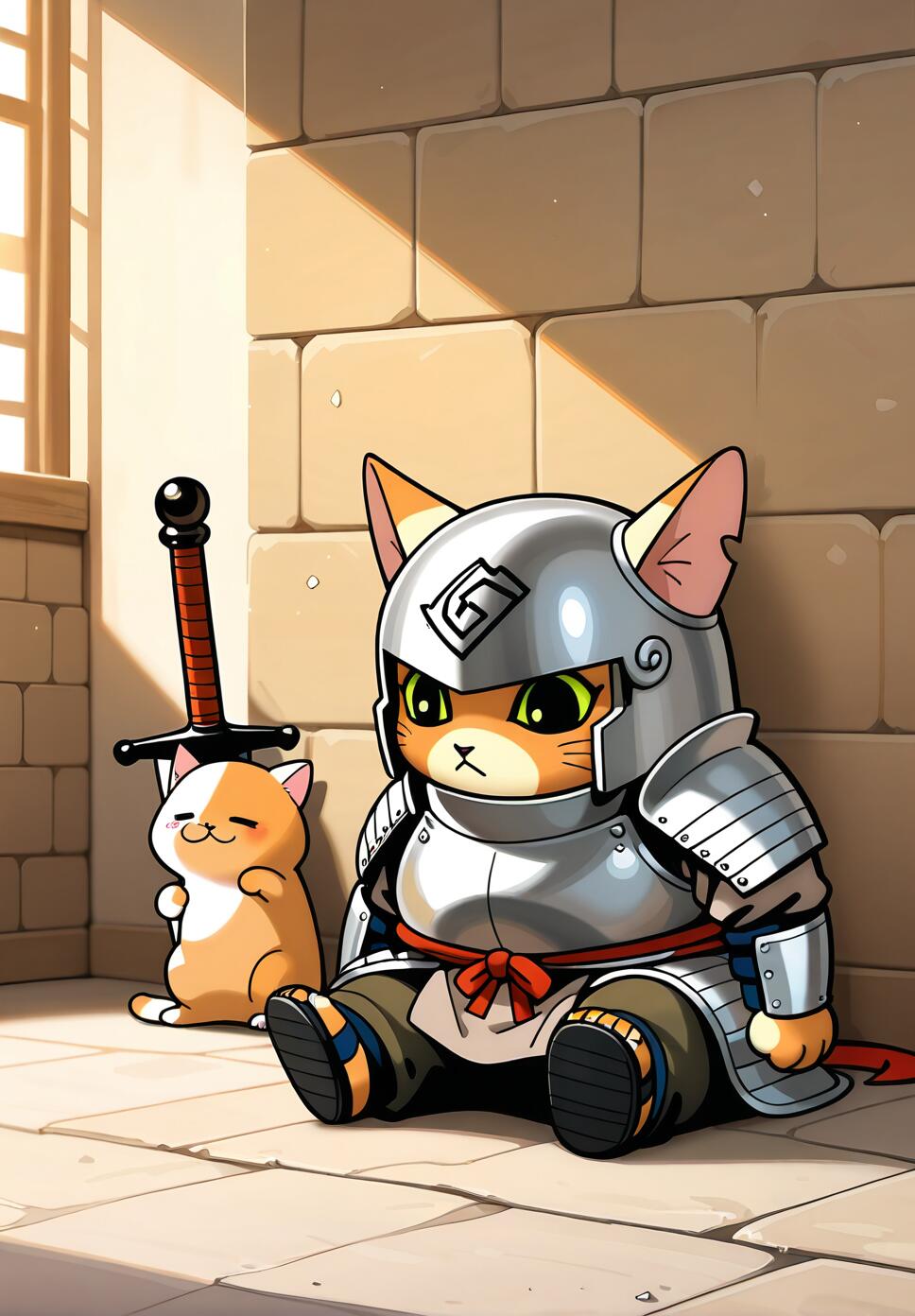 A chubby, striped anthropomorphic cat warrior in dented medieval armor sitting on the floor against a wall after a battle, holding a large sword.