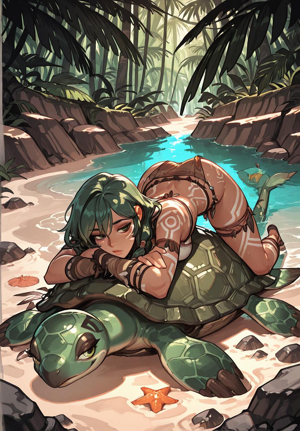 A mature woman with green hair and green eyes in tribal clothing and body paint, laying on a massive turtle in a jungle.