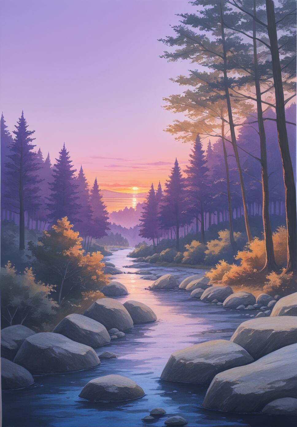 A scenic landscape painting of a purple twilight sky over a flowing river, featuring crystals, rocks, and a lush forest path.