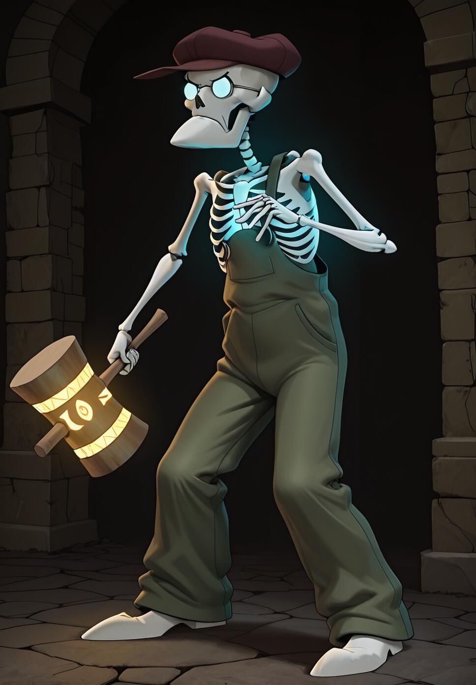 A skeletal version of Eustace Bagge from Courage the Cowardly Dog holding a glowing magical mallet in a dark crypt setting.
