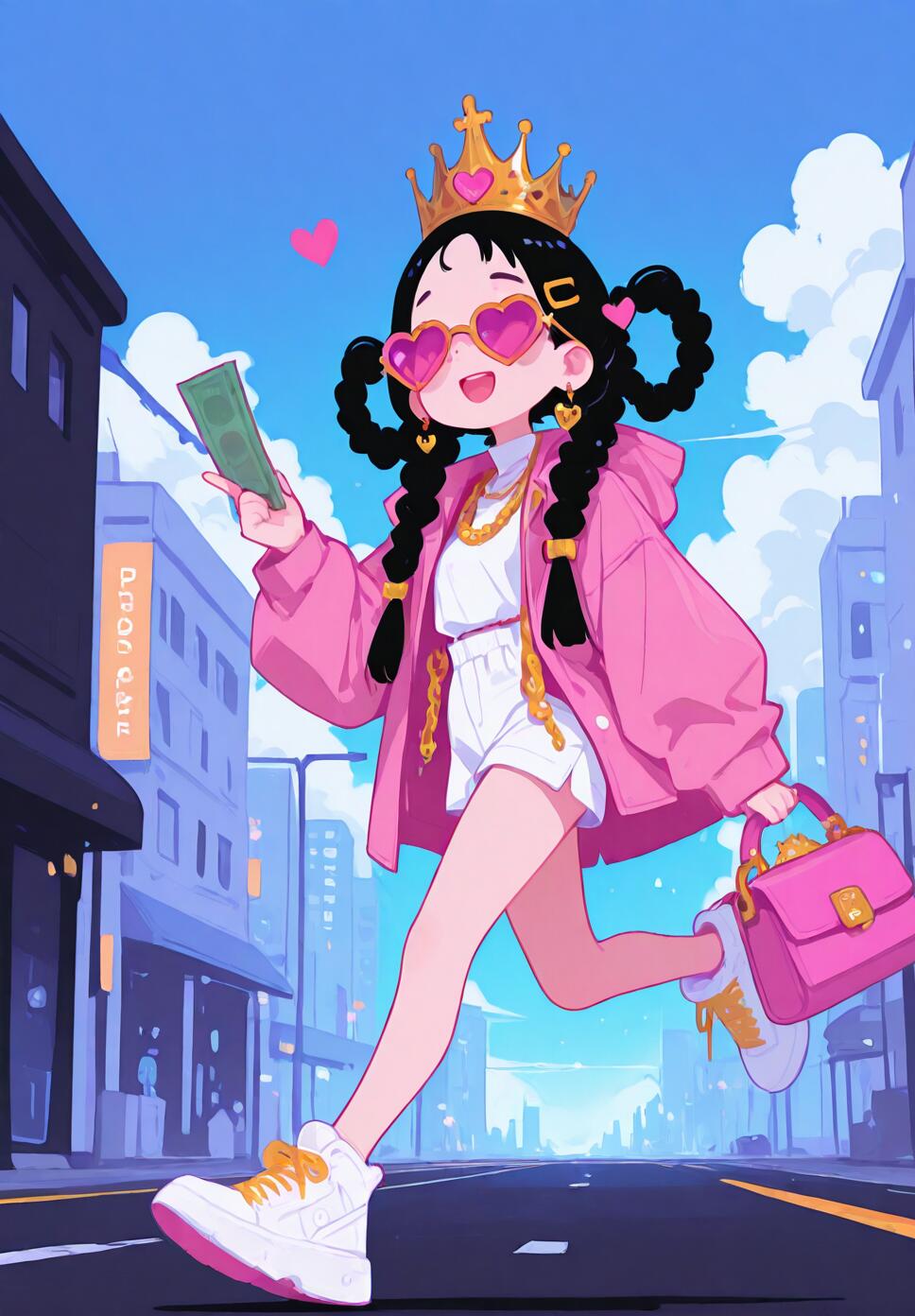 A cute chibi girl with black braided hair, wearing a pink jacket and heart-shaped sunglasses, running through a sunny city street while holding money.