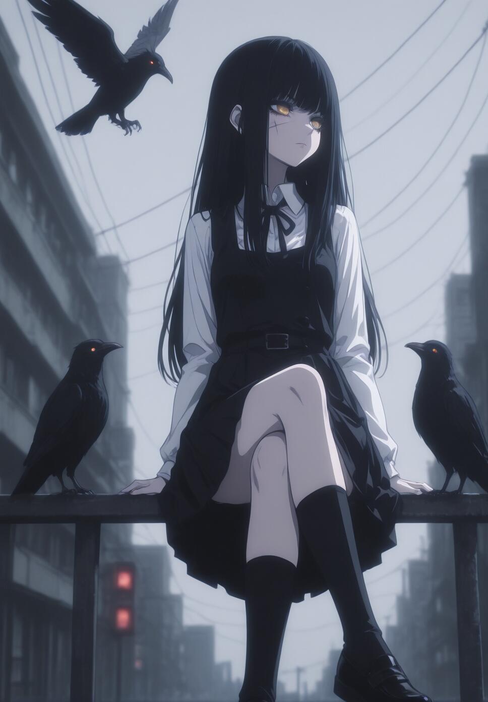 Flat vector illustration of a girl with long black hair, yellow eyes, and a scar on her cheek, sitting on a railing in a city under a grey sky.