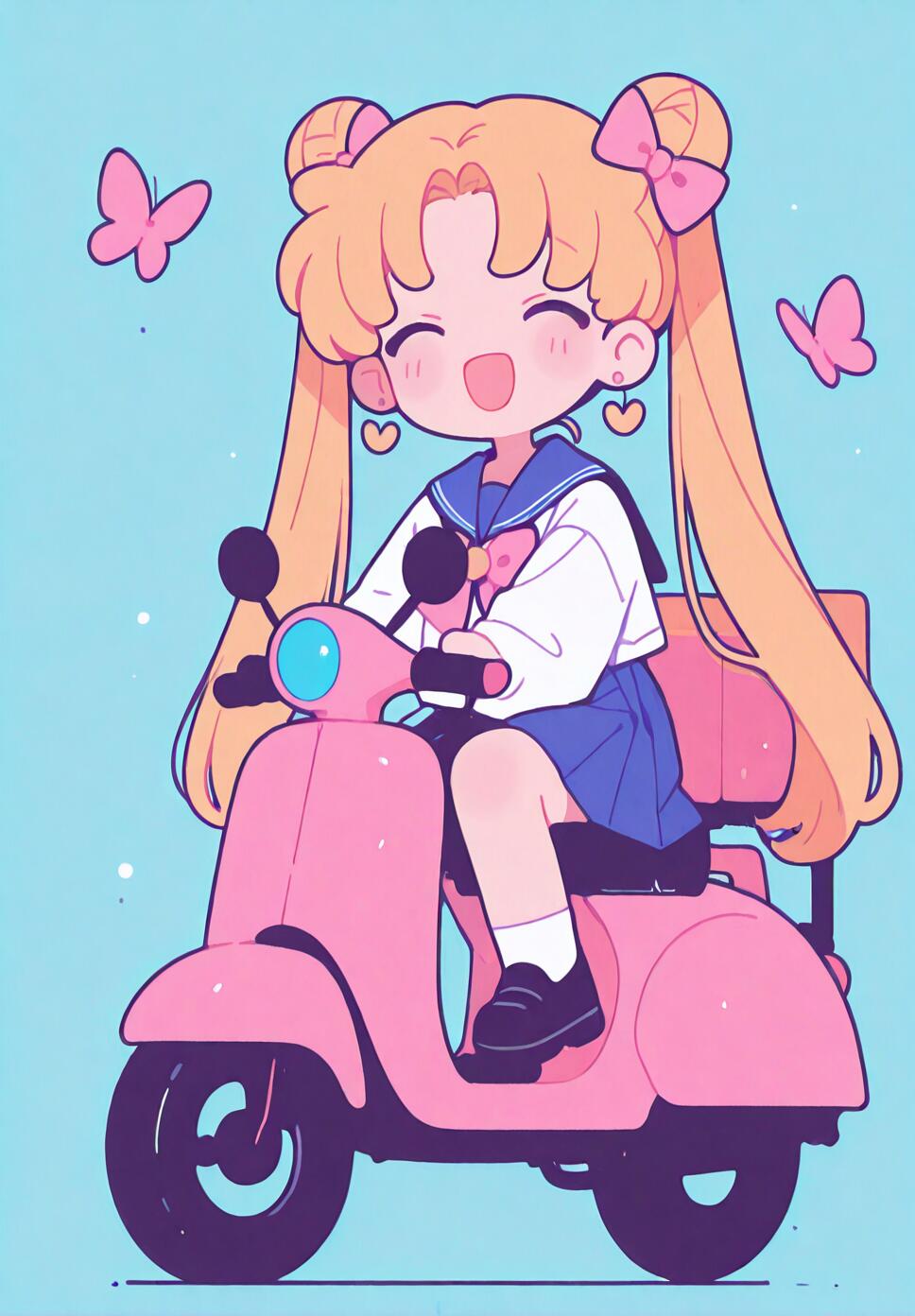 A cute chibi vector illustration of Usagi Tsukino from Sailor Moon riding a scooter, featuring blonde twintails, pink bows, and a blue sailor collar against an aqua background.
