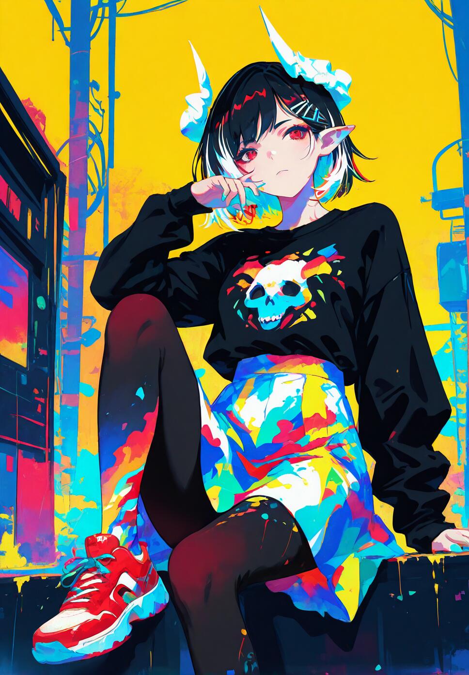An anime-style girl with short multicolored hair, white horns, red eyes, and a black print shirt and skirt sitting against a yellow background.