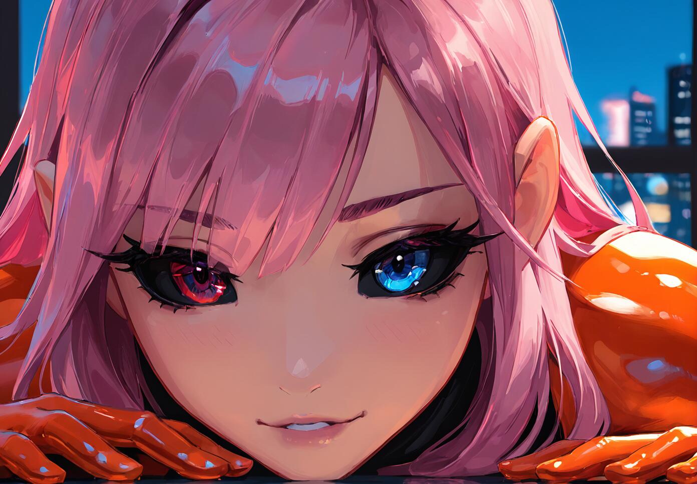 Close-up portrait of a woman with pink hair and red and blue eyes wearing a glossy orange latex catsuit in a luxury penthouse overlooking a night city skyline.