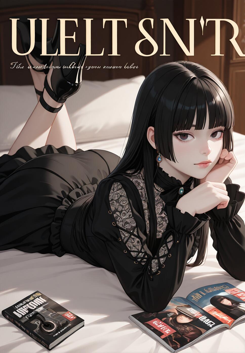 A woman with a hime cut and pale skin, wearing gothic Victorian lace clothing and jewelry, lying on a bed with a magazine and a handgun.