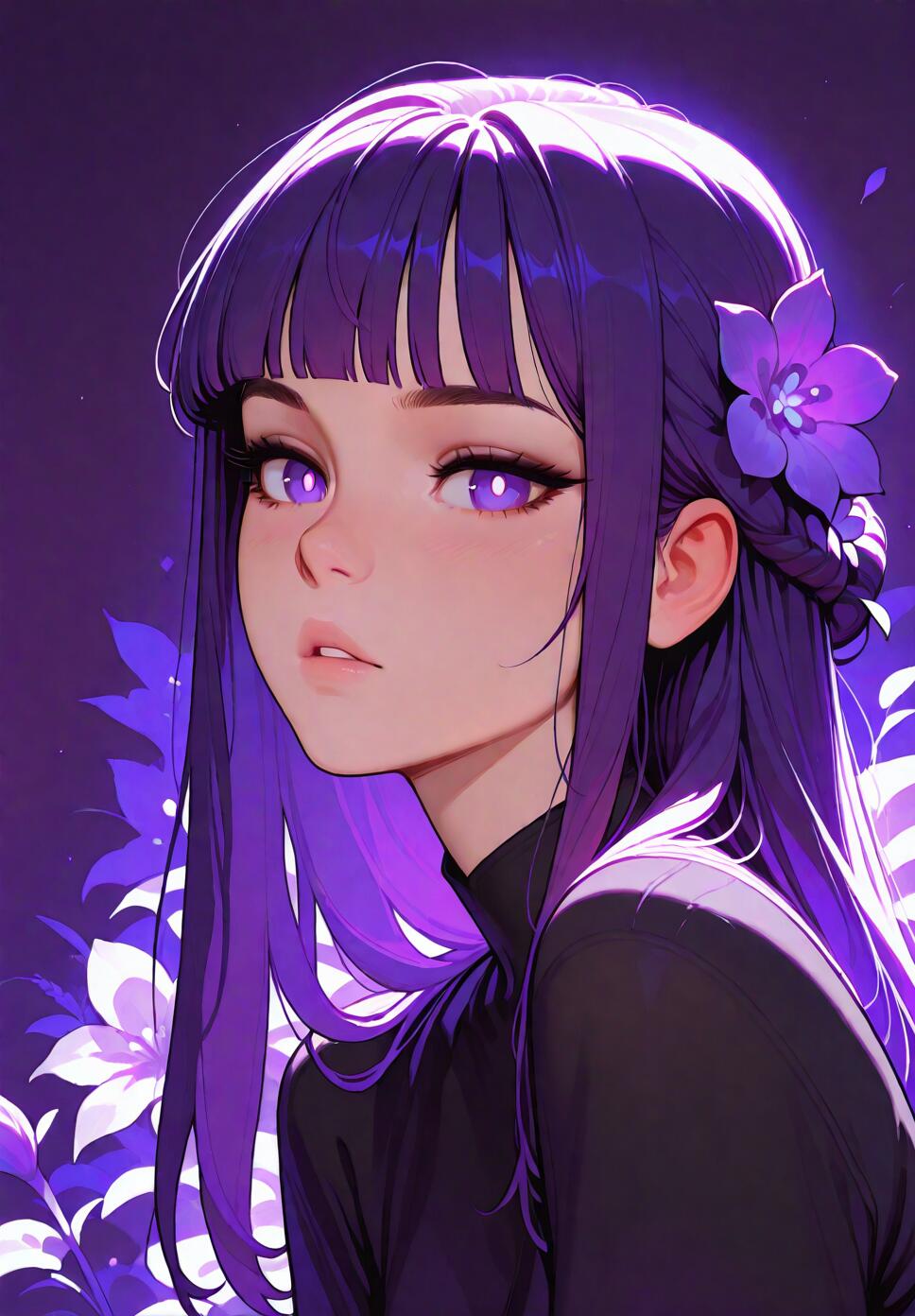 Flat vector illustration of a girl with long purple hair, purple eyes, and a purple flower ornament in her hair, wearing a black shirt.