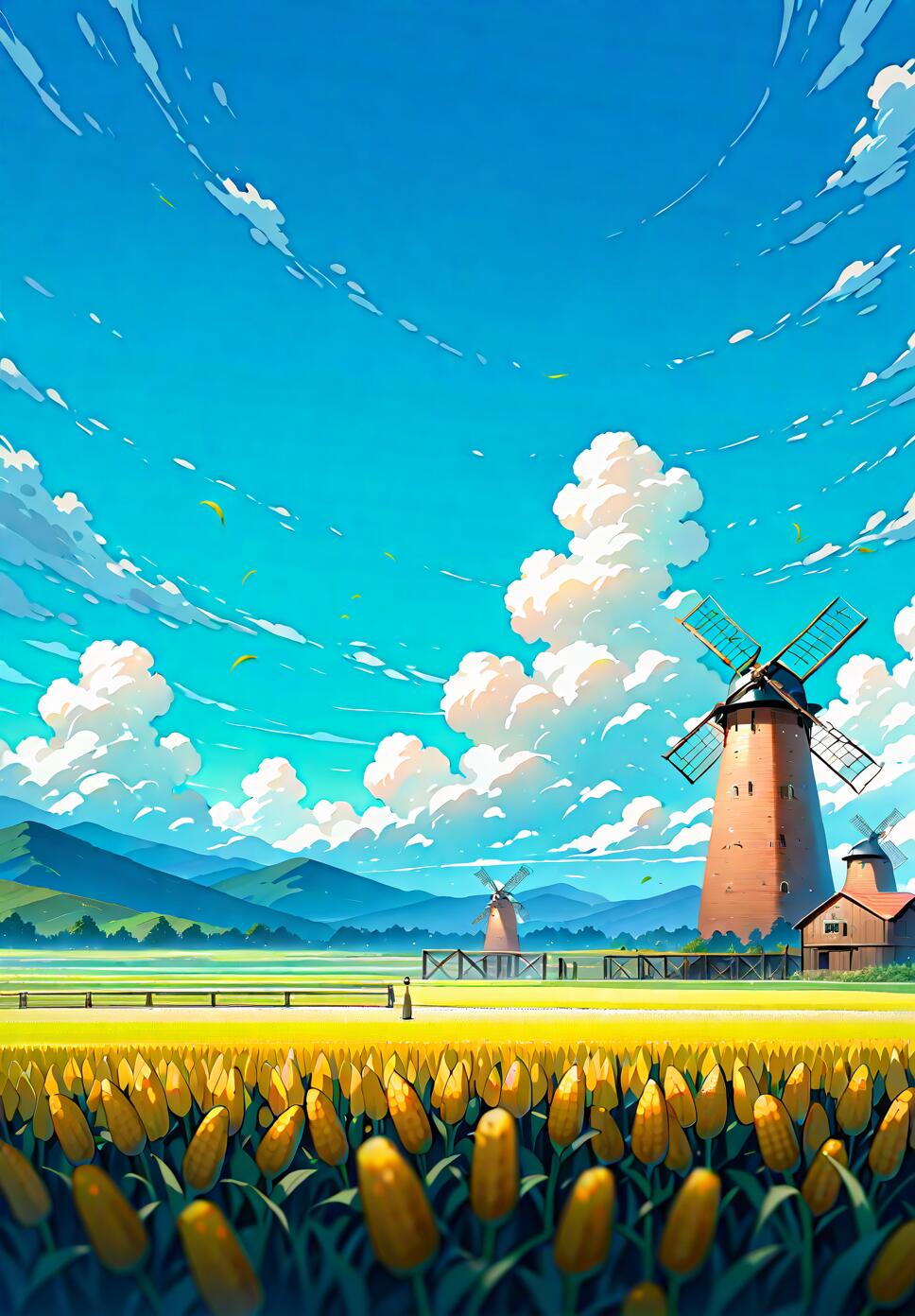 An impressionist anime-style landscape of a cornfield with floating rocks, a farm windmill, and hanging trees under a cloudy sky.