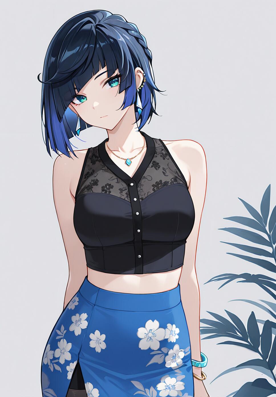 A high-quality portrait of Yelan from Genshin Impact featuring her blue eyes, short blue hair, black crop top, and blue floral skirt.