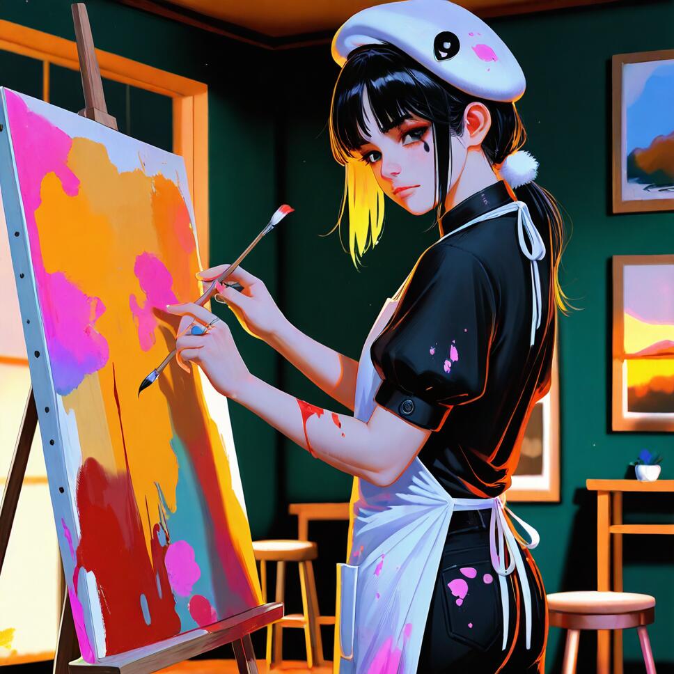 Yi Sang from Limbus Company as a painter in an art studio, wearing a white beret and apron stained with paint and blood, holding a paintbrush during golden hour.