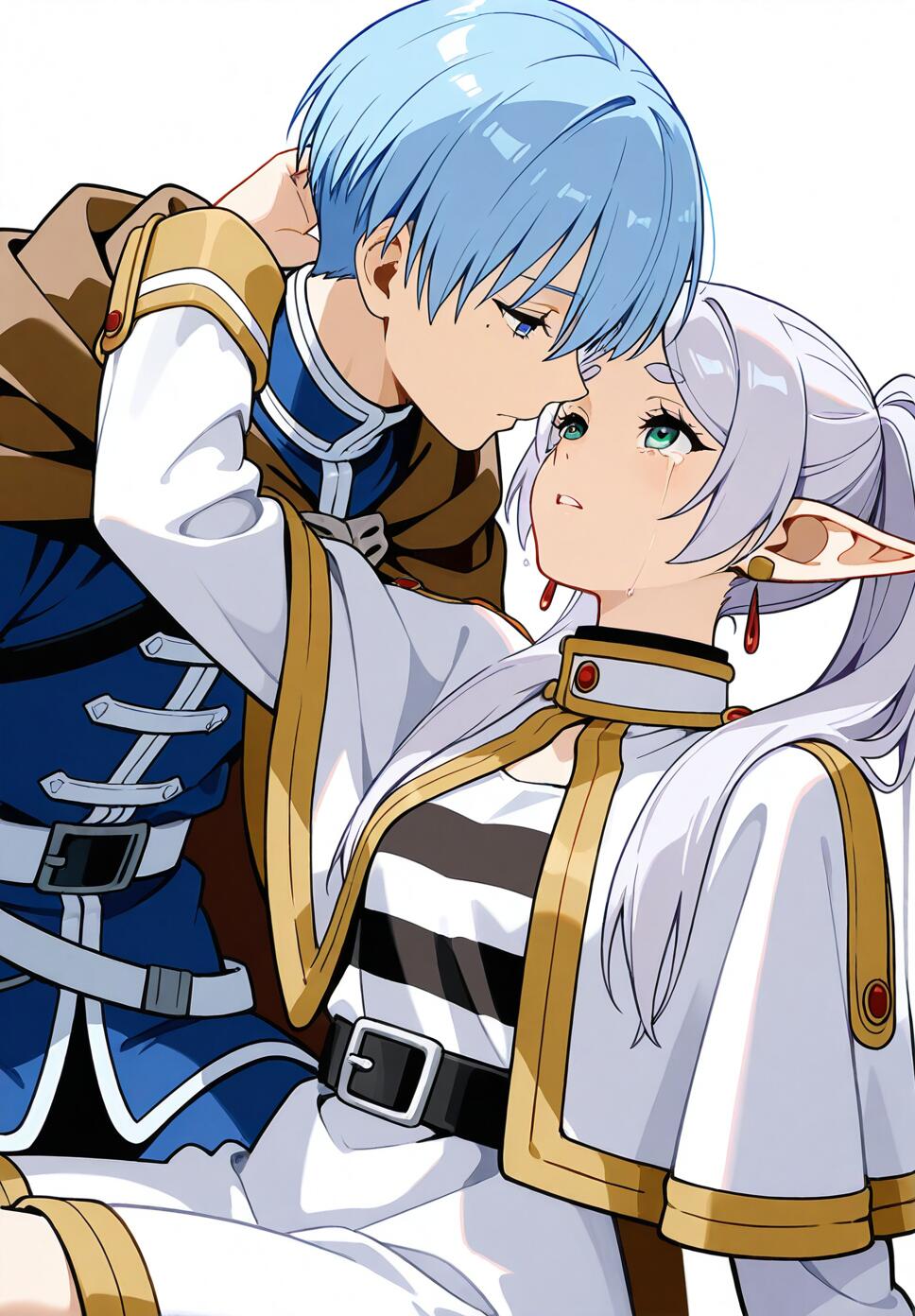 An emotional illustration of Frieren and Himmel from Frieren: Beyond Journey's End, featuring streaming tears and blue flowers.