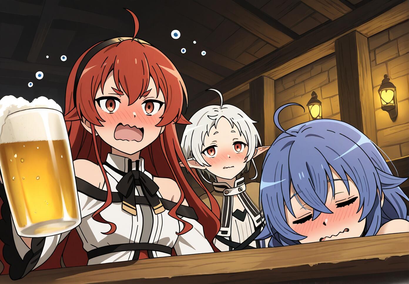 Roxy Migurdia, Eris Greyrat, and Sylphiette from Mushoku Tensei drinking beer and blushing in a fantasy tavern setting.