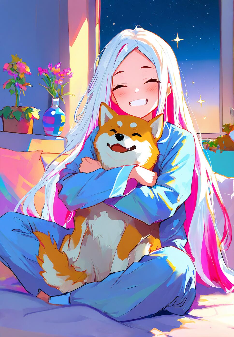 A girl with long white and multicolored hair smiling and hugging a Shiba Inu on a bed near a window with plants.