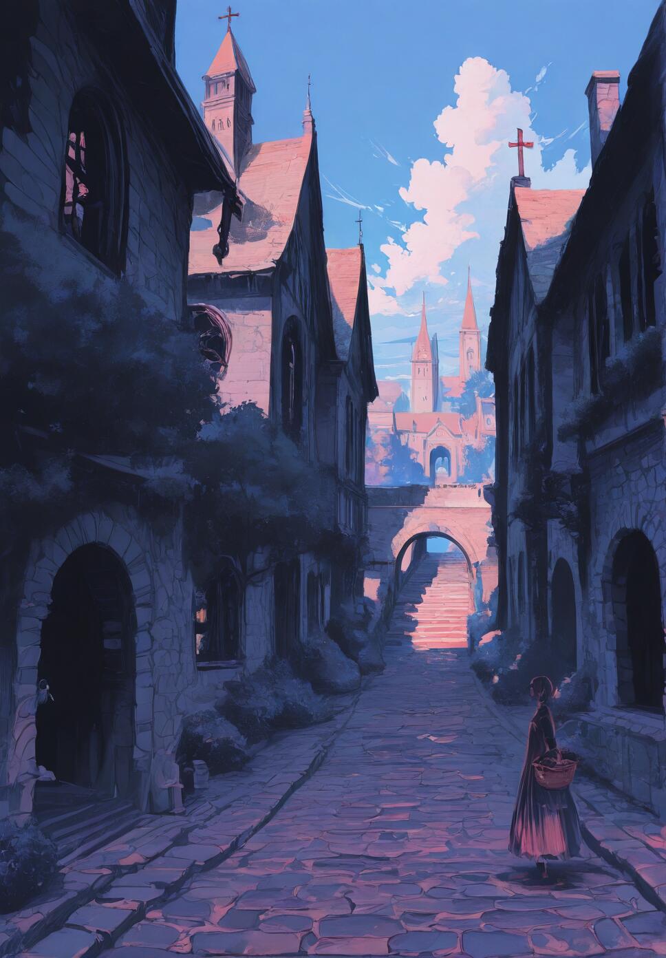 A solitary girl walking through a cobblestone path in a fantasy town featuring stone buildings, churches, and lush greenery under a bright sky.