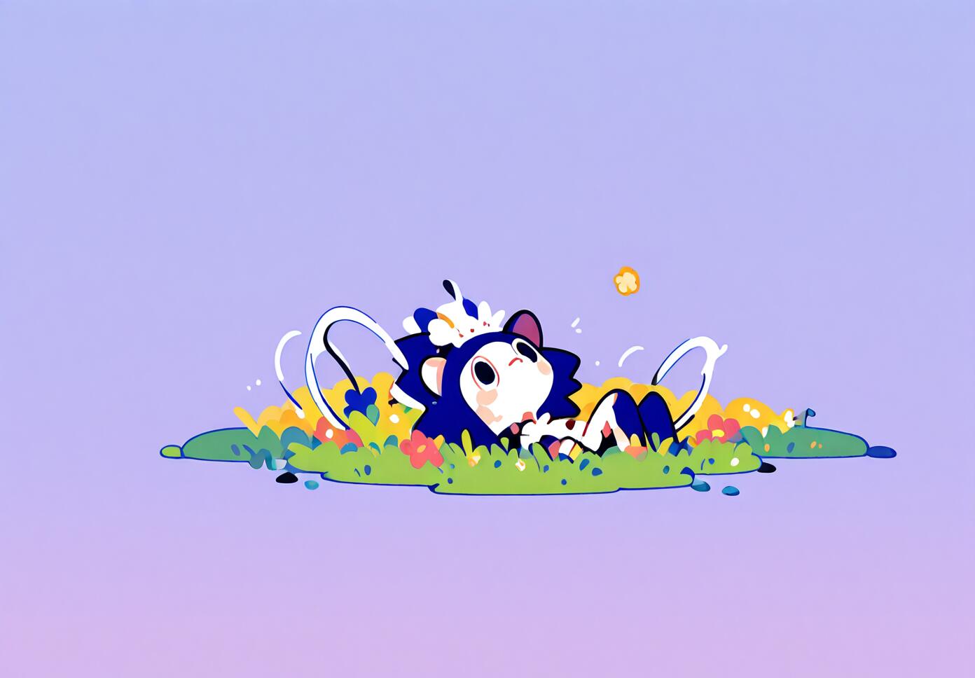 A small, cute hedgehog lying on its back with arms and legs flailing in a green meadow next to a small stream, rendered in a flat vector illustration style.