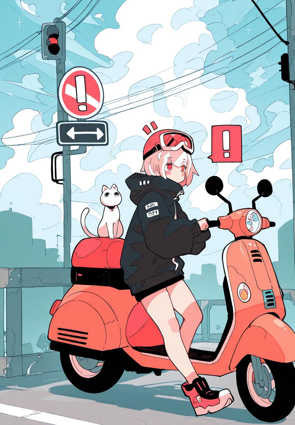 A girl with short pink hair wearing a hoodie and goggles sitting on a scooter with a white cat near a road sign and traffic light.
