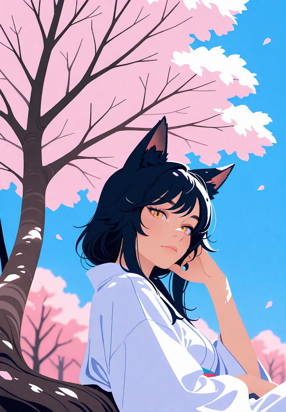 Ahri from League of Legends wearing a white kimono, sitting under a cherry blossom tree with pink petals drifting in the morning sunlight.