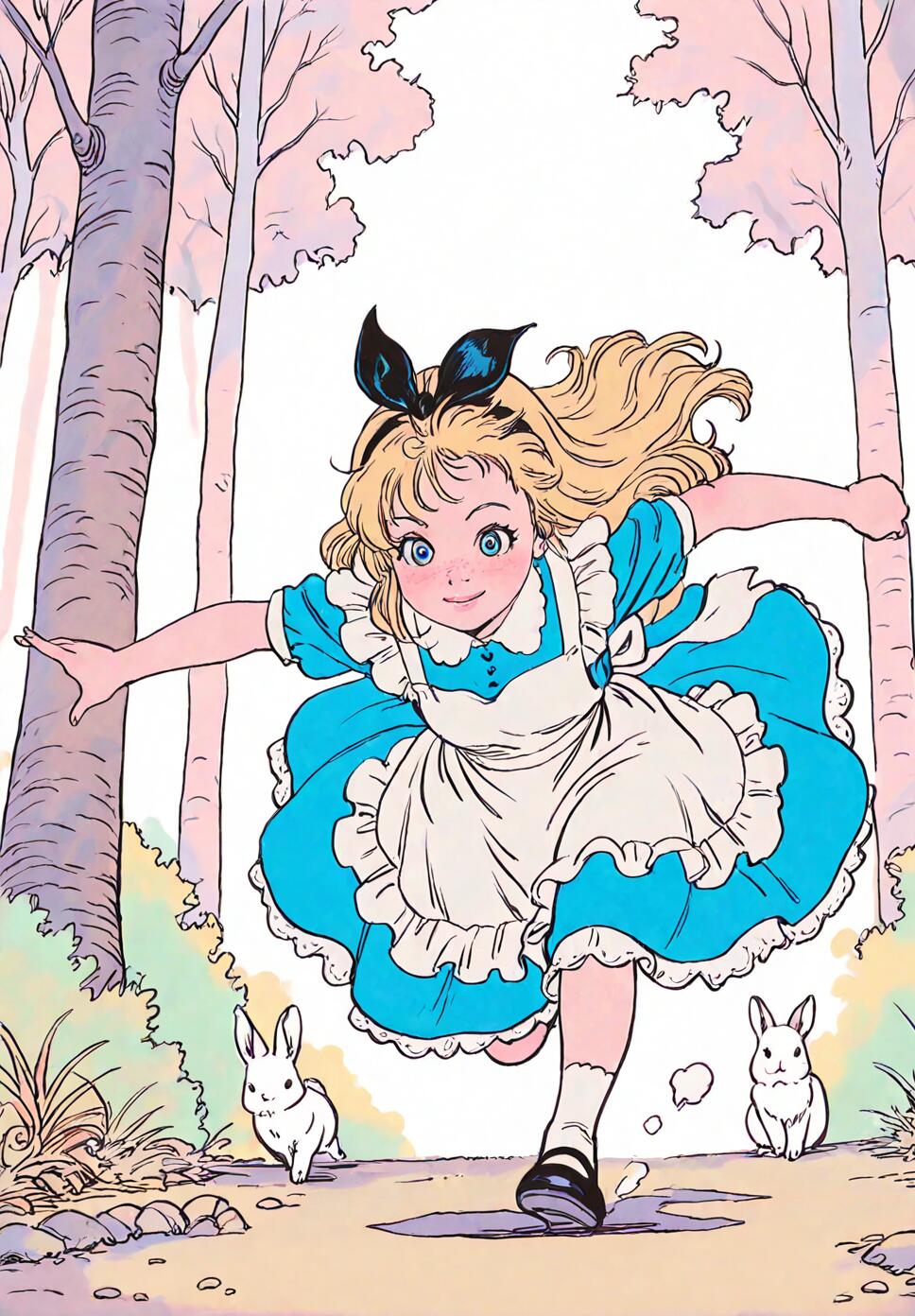 Anime illustration of Alice from Alice in Wonderland running through a pastel-colored forest wearing a blue dress and white apron.
