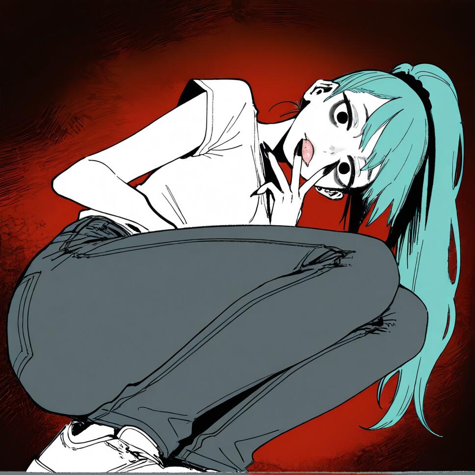 A girl with aqua hair and black sanpaku eyes, wearing a white shirt and jeans, squatting with a yandere expression in a dark red theme.