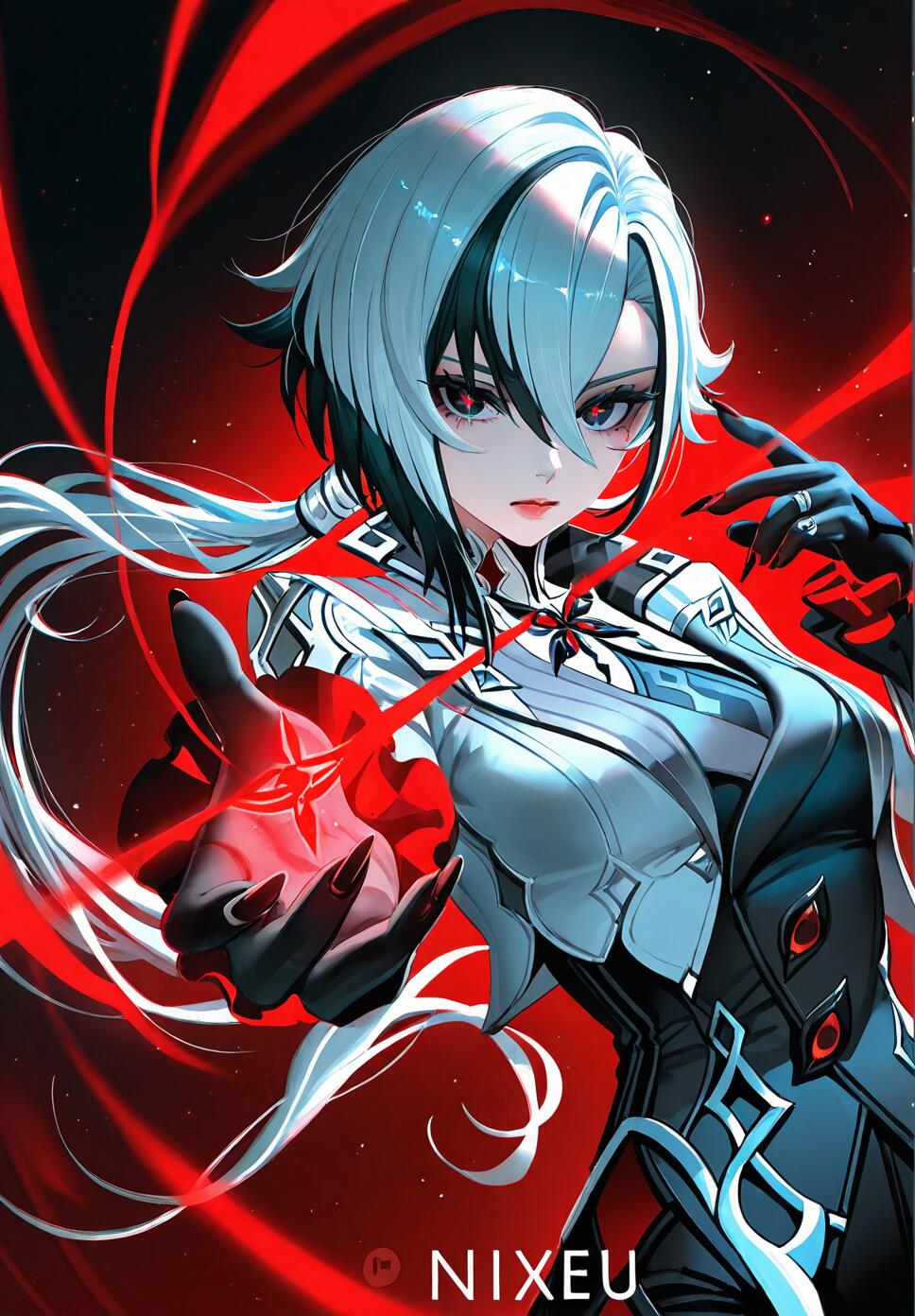 A dramatic, high-contrast digital painting of Arlecchino from Genshin Impact, featuring floating hair, spiral energy effects, and glowing particles in a dark fantasy setting.